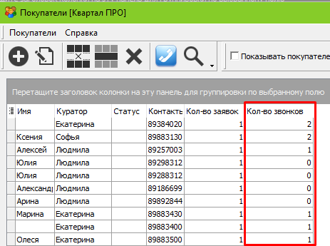 Історія дзвінків заявки на покупку в програмі по нерухомості Квартал ПРО