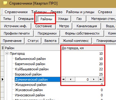Довідник районів, відстань до міста в програмі по нерухомості Квартал ПРО